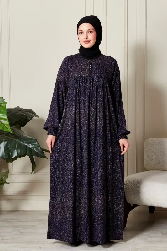 Büzgü Robadan Önü Düğmeli Viskon Kumaş Tessetür Giyim Anne Elbisesi Namaz Elbisesi-Çizgi Desen Lacivert - 1