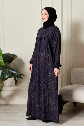 Büzgü Robadan Önü Düğmeli Viskon Kumaş Tessetür Giyim Anne Elbisesi Namaz Elbisesi-Çizgi Desen Lacivert - 2