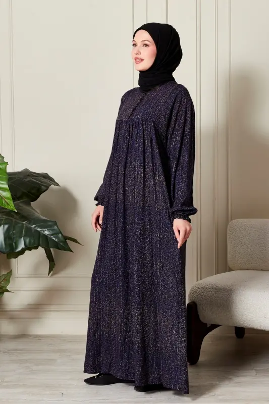 Büzgü Robadan Önü Düğmeli Viskon Kumaş Tessetür Giyim Anne Elbisesi Namaz Elbisesi-Çizgi Desen Lacivert - 2