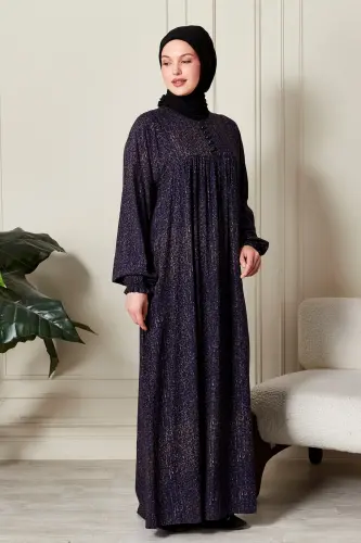 Büzgü Robadan Önü Düğmeli Viskon Kumaş Tessetür Giyim Anne Elbisesi Namaz Elbisesi-Çizgi Desen Lacivert - 3