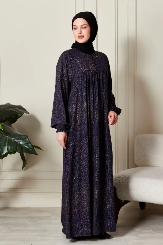 Büzgü Robadan Önü Düğmeli Viskon Kumaş Tessetür Giyim Anne Elbisesi Namaz Elbisesi-Çizgi Desen Lacivert - 3