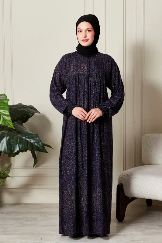 Büzgü Robadan Önü Düğmeli Viskon Kumaş Tessetür Giyim Anne Elbisesi Namaz Elbisesi-Çizgi Desen Lacivert - 4