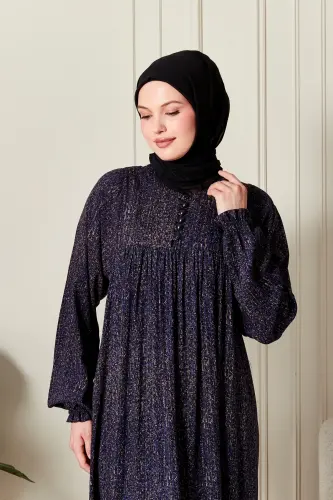 Büzgü Robadan Önü Düğmeli Viskon Kumaş Tessetür Giyim Anne Elbisesi Namaz Elbisesi-Çizgi Desen Lacivert - 5