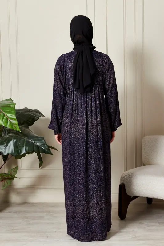 Büzgü Robadan Önü Düğmeli Viskon Kumaş Tessetür Giyim Anne Elbisesi Namaz Elbisesi-Çizgi Desen Lacivert - 6