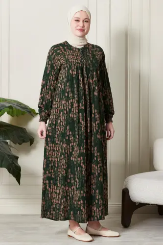 Büzgü Robadan Önü Düğmeli Viskon Kumaş Tessetür Giyim Anne Elbisesi Namaz Elbisesi-Dal Desen Haki - 1