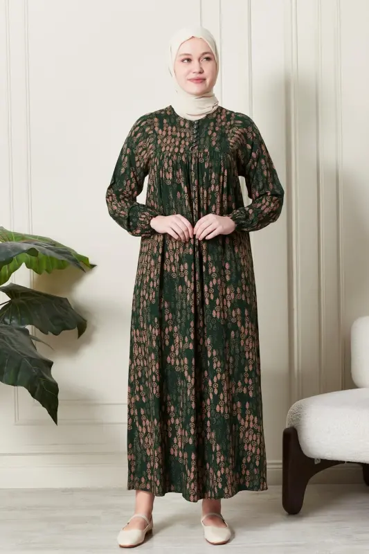 Büzgü Robadan Önü Düğmeli Viskon Kumaş Tessetür Giyim Anne Elbisesi Namaz Elbisesi-Dal Desen Haki - 2