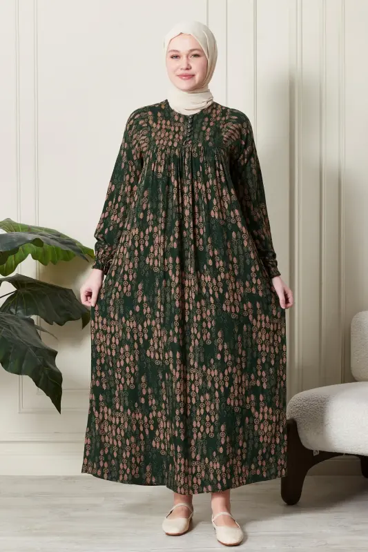 Büzgü Robadan Önü Düğmeli Viskon Kumaş Tessetür Giyim Anne Elbisesi Namaz Elbisesi-Dal Desen Haki - 3