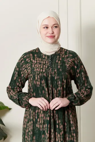 Büzgü Robadan Önü Düğmeli Viskon Kumaş Tessetür Giyim Anne Elbisesi Namaz Elbisesi-Dal Desen Haki - 4