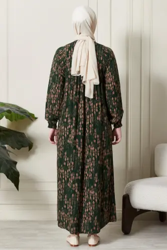 Büzgü Robadan Önü Düğmeli Viskon Kumaş Tessetür Giyim Anne Elbisesi Namaz Elbisesi-Dal Desen Haki - 6