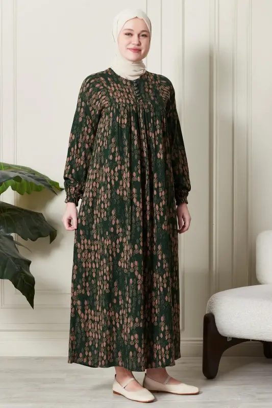 Büzgü Robadan Önü Düğmeli Viskon Kumaş Tessetür Giyim Anne Elbisesi Namaz Elbisesi-Dal Desen Haki - 1