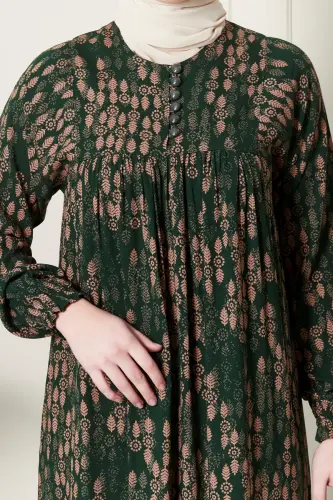 Büzgü Robadan Önü Düğmeli Viskon Kumaş Tessetür Giyim Anne Elbisesi Namaz Elbisesi-Dal Desen Haki - 5