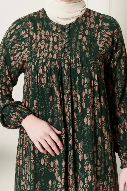 Büzgü Robadan Önü Düğmeli Viskon Kumaş Tessetür Giyim Anne Elbisesi Namaz Elbisesi-Dal Desen Haki - 5