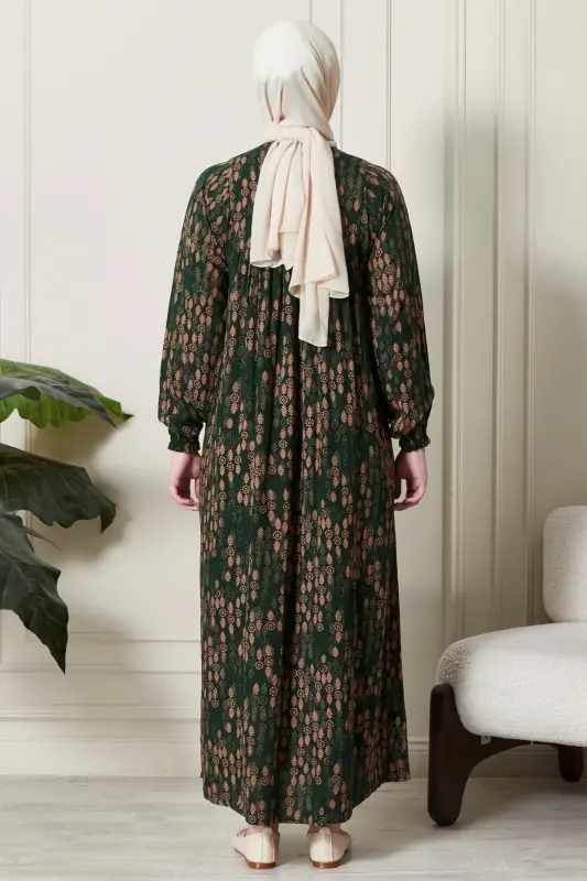 Büzgü Robadan Önü Düğmeli Viskon Kumaş Tessetür Giyim Anne Elbisesi Namaz Elbisesi-Dal Desen Haki - 6