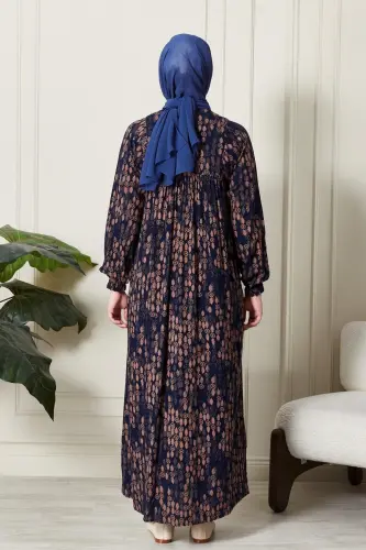 Büzgü Robadan Önü Düğmeli Viskon Kumaş Tessetür Giyim Anne Elbisesi Namaz Elbisesi-Dal Desen Lacivert - 6