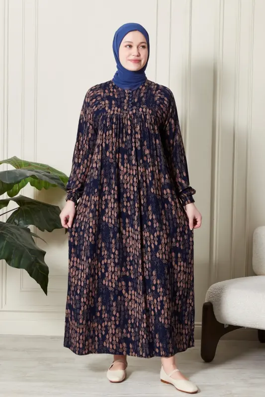 Büzgü Robadan Önü Düğmeli Viskon Kumaş Tessetür Giyim Anne Elbisesi Namaz Elbisesi-Dal Desen Lacivert - 1