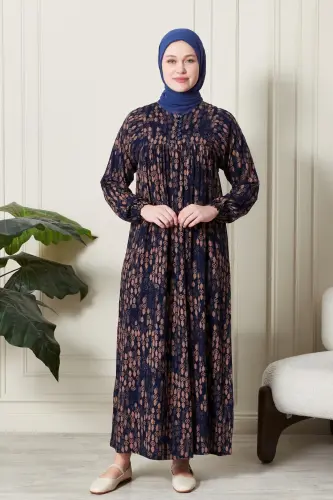 Büzgü Robadan Önü Düğmeli Viskon Kumaş Tessetür Giyim Anne Elbisesi Namaz Elbisesi-Dal Desen Lacivert - FISTAN (1)