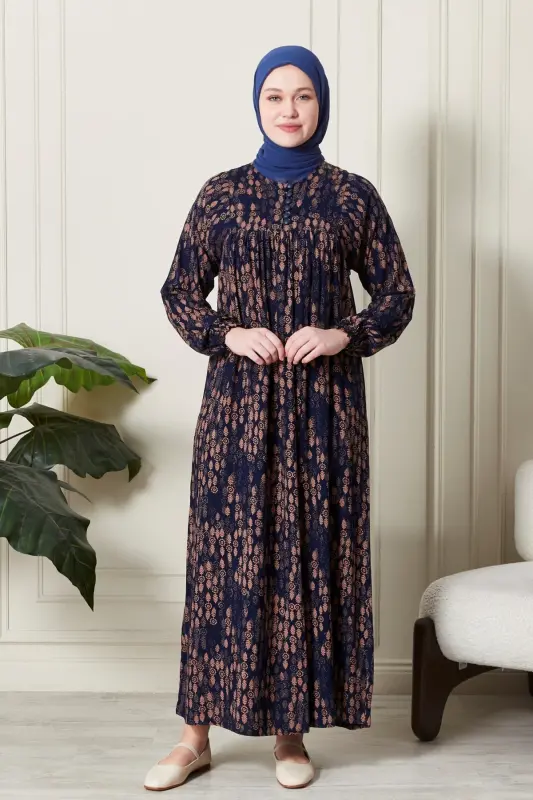 Büzgü Robadan Önü Düğmeli Viskon Kumaş Tessetür Giyim Anne Elbisesi Namaz Elbisesi-Dal Desen Lacivert - 2