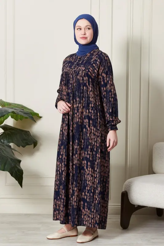 Büzgü Robadan Önü Düğmeli Viskon Kumaş Tessetür Giyim Anne Elbisesi Namaz Elbisesi-Dal Desen Lacivert - 3
