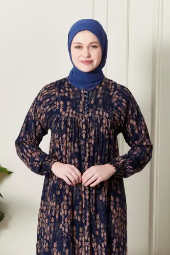 Büzgü Robadan Önü Düğmeli Viskon Kumaş Tessetür Giyim Anne Elbisesi Namaz Elbisesi-Dal Desen Lacivert - 4