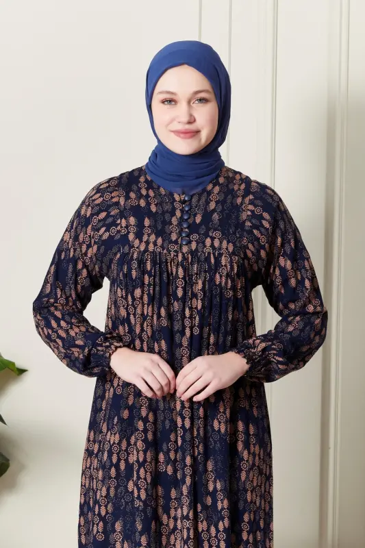 Büzgü Robadan Önü Düğmeli Viskon Kumaş Tessetür Giyim Anne Elbisesi Namaz Elbisesi-Dal Desen Lacivert - 4