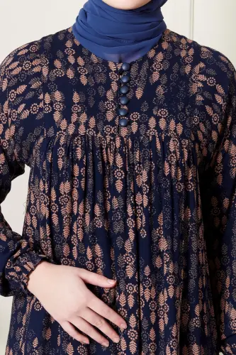 Büzgü Robadan Önü Düğmeli Viskon Kumaş Tessetür Giyim Anne Elbisesi Namaz Elbisesi-Dal Desen Lacivert - 5