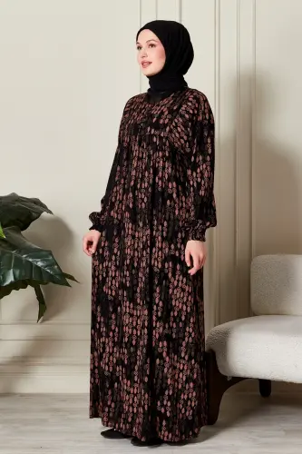 Büzgü Robadan Önü Düğmeli Viskon Kumaş Tessetür Giyim Anne Elbisesi Namaz Elbisesi-Dal Desen Siyah - 2