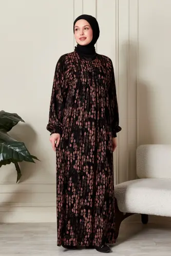 Büzgü Robadan Önü Düğmeli Viskon Kumaş Tessetür Giyim Anne Elbisesi Namaz Elbisesi-Dal Desen Siyah - 3