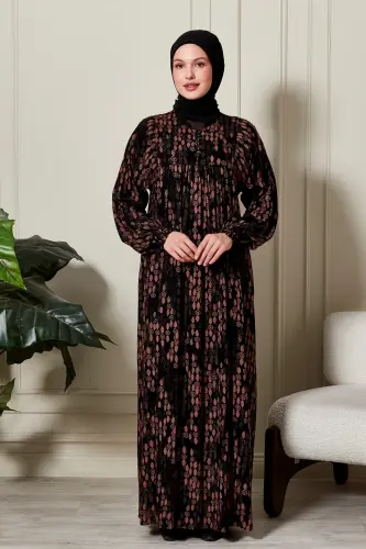 Büzgü Robadan Önü Düğmeli Viskon Kumaş Tessetür Giyim Anne Elbisesi Namaz Elbisesi-Dal Desen Siyah - 4