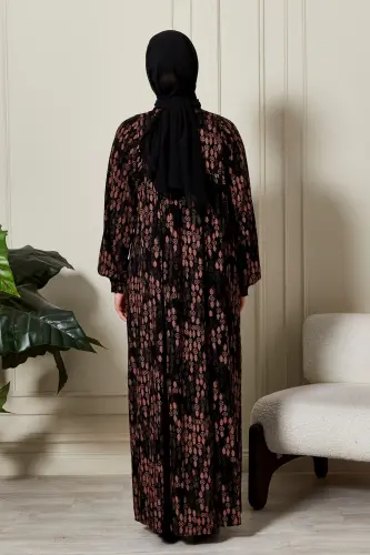 Büzgü Robadan Önü Düğmeli Viskon Kumaş Tessetür Giyim Anne Elbisesi Namaz Elbisesi-Dal Desen Siyah - 6