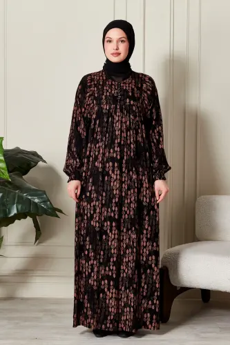 Büzgü Robadan Önü Düğmeli Viskon Kumaş Tessetür Giyim Anne Elbisesi Namaz Elbisesi-Dal Desen Siyah 