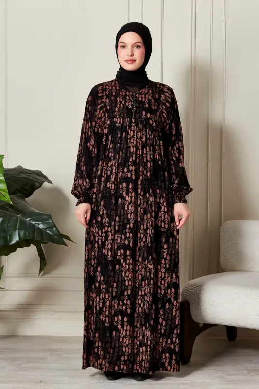Büzgü Robadan Önü Düğmeli Viskon Kumaş Tessetür Giyim Anne Elbisesi Namaz Elbisesi-Dal Desen Siyah - FISTAN