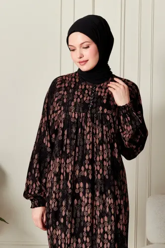 Büzgü Robadan Önü Düğmeli Viskon Kumaş Tessetür Giyim Anne Elbisesi Namaz Elbisesi-Dal Desen Siyah - 5