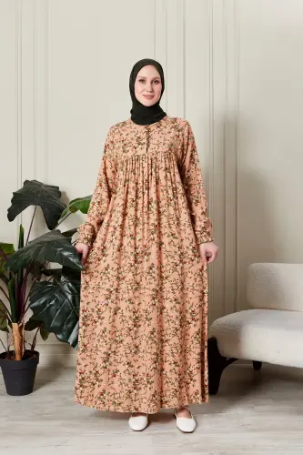 Büzgü Robadan Önü Düğmeli Viskon Kumaş Tessetür Giyim Anne Elbisesi Namaz Elbisesi-dal ve çiçek desen yavru - 1
