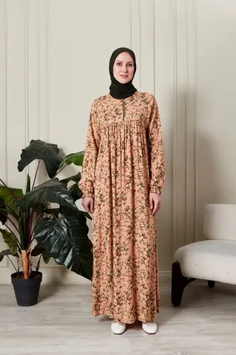 Büzgü Robadan Önü Düğmeli Viskon Kumaş Tessetür Giyim Anne Elbisesi Namaz Elbisesi-dal ve çiçek desen yavru - FISTAN (1)