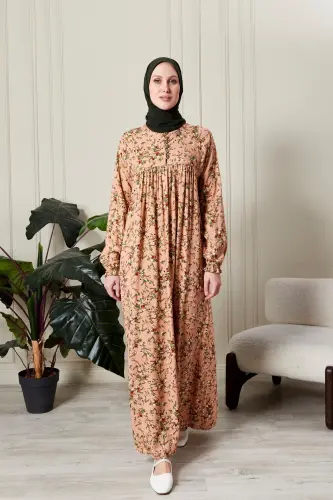 Büzgü Robadan Önü Düğmeli Viskon Kumaş Tessetür Giyim Anne Elbisesi Namaz Elbisesi-dal ve çiçek desen yavru - 3