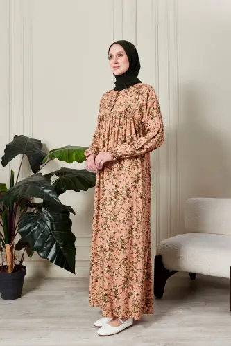 Büzgü Robadan Önü Düğmeli Viskon Kumaş Tessetür Giyim Anne Elbisesi Namaz Elbisesi-dal ve çiçek desen yavru - 4