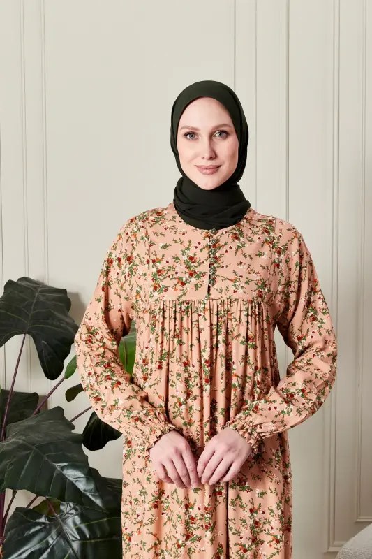 Büzgü Robadan Önü Düğmeli Viskon Kumaş Tessetür Giyim Anne Elbisesi Namaz Elbisesi-dal ve çiçek desen yavru - 6