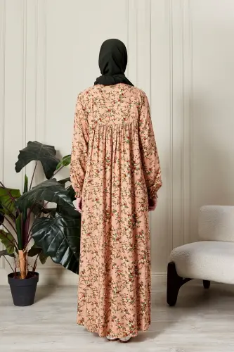 Büzgü Robadan Önü Düğmeli Viskon Kumaş Tessetür Giyim Anne Elbisesi Namaz Elbisesi-dal ve çiçek desen yavru - 7