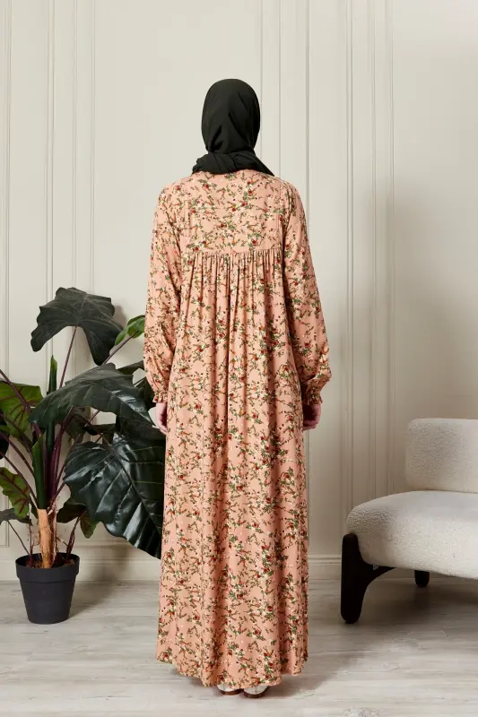 Büzgü Robadan Önü Düğmeli Viskon Kumaş Tessetür Giyim Anne Elbisesi Namaz Elbisesi-dal ve çiçek desen yavru - 7