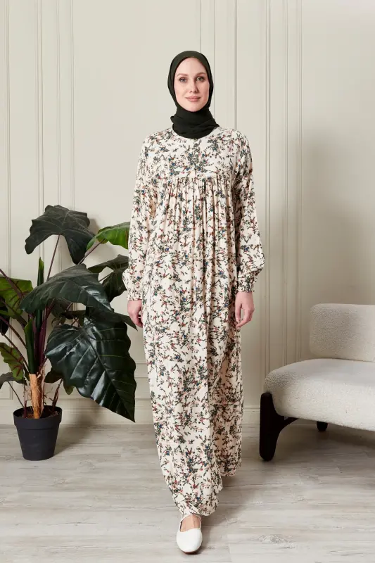 Büzgü Robadan Önü Düğmeli Viskon Kumaş Tessetür Giyim Anne Elbisesi Namaz Elbisesi-dal ve çiçek desenli Beyaz - FISTAN