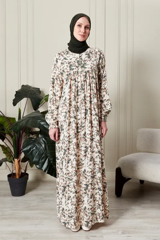 Büzgü Robadan Önü Düğmeli Viskon Kumaş Tessetür Giyim Anne Elbisesi Namaz Elbisesi-dal ve çiçek desenli Beyaz - 3