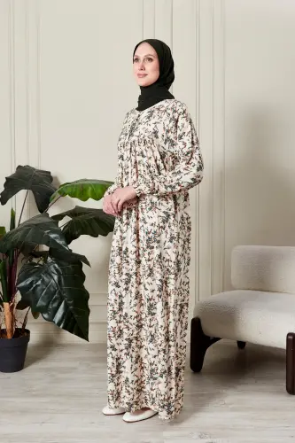 Büzgü Robadan Önü Düğmeli Viskon Kumaş Tessetür Giyim Anne Elbisesi Namaz Elbisesi-dal ve çiçek desenli Beyaz - 4