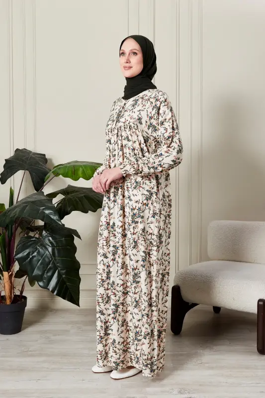 Büzgü Robadan Önü Düğmeli Viskon Kumaş Tessetür Giyim Anne Elbisesi Namaz Elbisesi-dal ve çiçek desenli Beyaz - 4