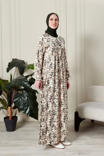 Büzgü Robadan Önü Düğmeli Viskon Kumaş Tessetür Giyim Anne Elbisesi Namaz Elbisesi-dal ve çiçek desenli Beyaz - 5