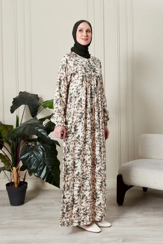 Büzgü Robadan Önü Düğmeli Viskon Kumaş Tessetür Giyim Anne Elbisesi Namaz Elbisesi-dal ve çiçek desenli Beyaz - 5