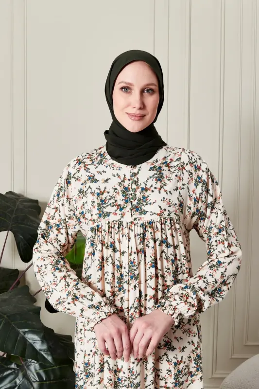 Büzgü Robadan Önü Düğmeli Viskon Kumaş Tessetür Giyim Anne Elbisesi Namaz Elbisesi-dal ve çiçek desenli Beyaz - 6