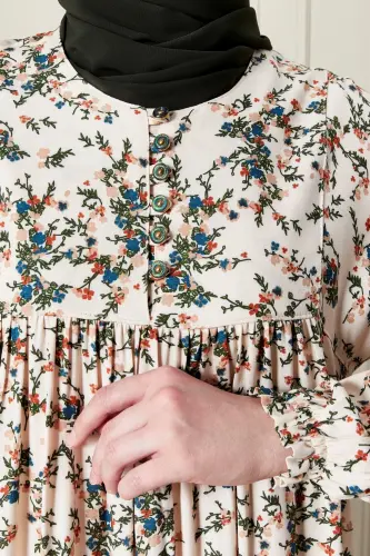 Büzgü Robadan Önü Düğmeli Viskon Kumaş Tessetür Giyim Anne Elbisesi Namaz Elbisesi-dal ve çiçek desenli Beyaz - 7