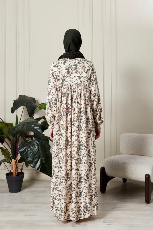 Büzgü Robadan Önü Düğmeli Viskon Kumaş Tessetür Giyim Anne Elbisesi Namaz Elbisesi-dal ve çiçek desenli Beyaz - 8