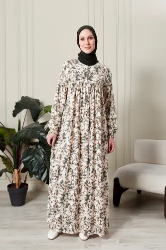 Büzgü Robadan Önü Düğmeli Viskon Kumaş Tessetür Giyim Anne Elbisesi Namaz Elbisesi-dal ve çiçek desenli Beyaz - FISTAN (1)