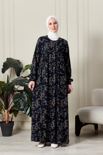 Büzgü Robadan Önü Düğmeli Viskon Kumaş Tessetür Giyim Anne Elbisesi Namaz Elbisesi-dal ve çiçek desenli lacivert - FISTAN (1)